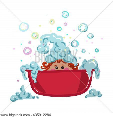 Baby Bathes In A Basin With Soap Bubbles