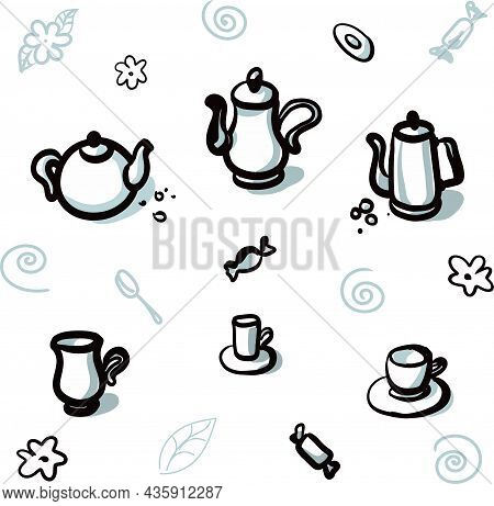 The Tea Party Drawing Is Made On A White Background