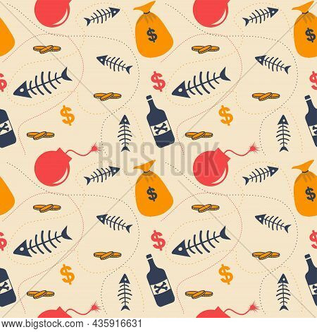 Bundle Pirates. Pirate Items. Pirate Doodles Seamless Pattern. Pattern With Fish, Money, Bomb And Po