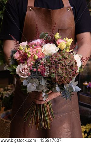 Beautiful Autumn Bouquet Of Pink And White Roses, Hydrangea Macrophylla, King Protea, Eryngium Ameth