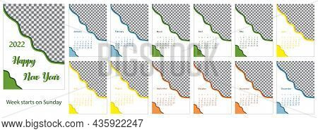 Colored Calendar Design 2022. Week Starts On Sunday. Editable Template Of Vertical Pages Of The Cale