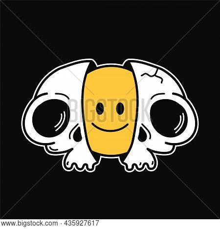 Two Half Of Shull With Smile Face Inside. Vector Hand Drawn Doodle 90s Style Cartoon Character Illus