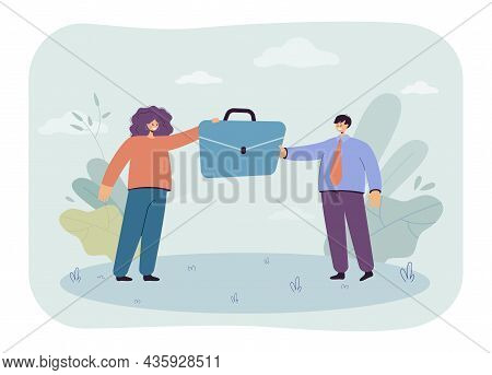 Hr Manager Giving Briefcase To Businessman. Handover Job Position Between Tiny Female And Male Chara