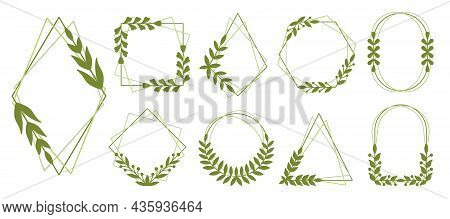 Natural Frame Leaf Floral Green Silhouette Set. Geometric Vintage Monogram Signboard Text Decorative