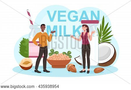 Vegan Milk Concept. Man And Woman Do Not Eat Animal Products. Milk Made From Almonds, Coconut, Hazel