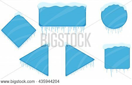 Winter Menu Board Set Isolated On White. Blue Interface Game Ui Frame With Icicle And Snow. Cartoon 