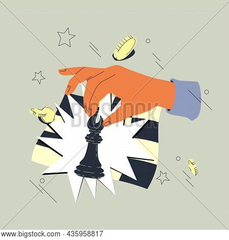 Hand With Bishop Chess Piece Vector Illustration. Comic Style Flat And Line Design. Game Strategy Co