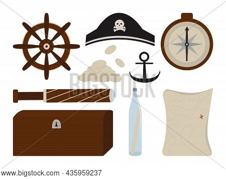 Pirate Set Of Hat, Steering Wheel, Spyglass, Coins, Chest, Compass, Anchor And Map