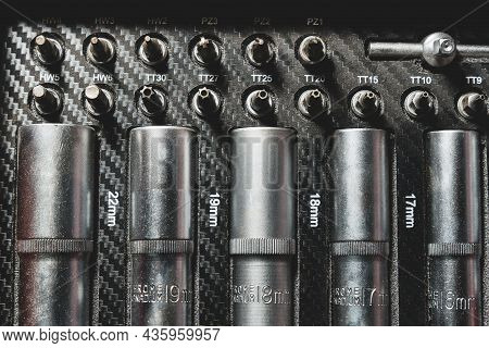 A Set Of Professional Wrenches In Lodgments, End Heads, Ratchet Wrench, Torx, Auto Repair, Auto And 