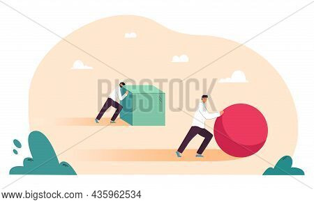 Push Competition Of Two Business People. Efficient Businessman Pushing Ball, Smarter Winner Working 