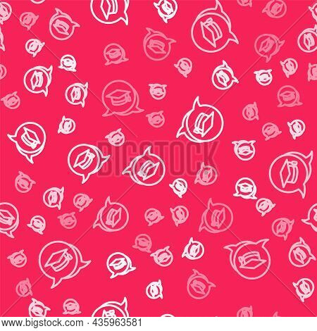 White Line Graduation Cap In Speech Bubble Icon Isolated Seamless Pattern On Red Background. Graduat