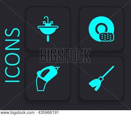 Set Handle Broom, Washbasin, Washing Dishes And Portable Vacuum Cleaner Icon. Black Square Button. V