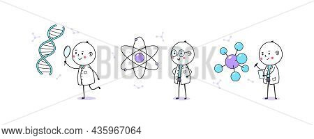 Medical And Scientific Research. Cartoon Doodle Man, Cute Doctor And Scientist. Dna And Gene Researc