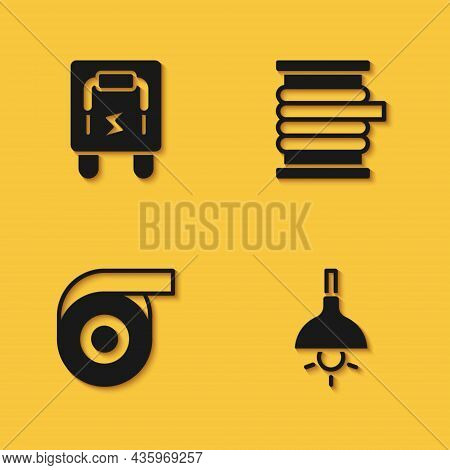 Set Electrical Panel, Lamp Hanging, Roll Adhesive Tape And Wire Electric Cable On Reel Icon With Lon