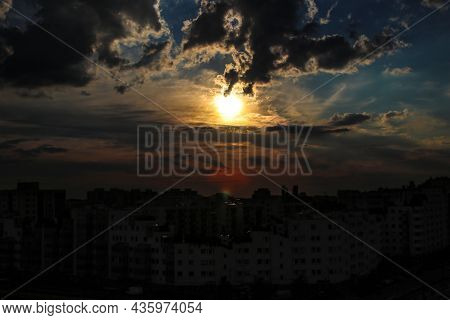 Stormy Clouds In Late Afternoon Over Housing Blocks Of Warsaw Residential Area