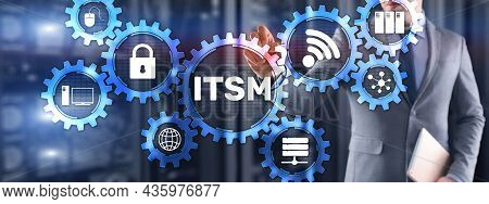 Itsm. Businessman Pressing Virtual Screen It Service Management. Concept For Information Technology 