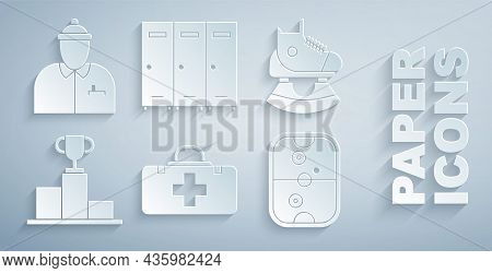 Set First Aid Kit, Skates, Hockey Over Sports Winner Podium, Air Hockey Table, Locker Changing Room 
