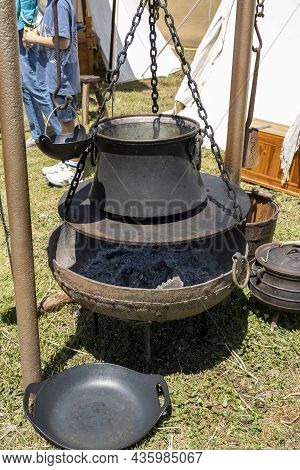 Cooking Equipment Replicas Used By Medieval Vikings Displayed By A Re-enactment Troupe At A Village 