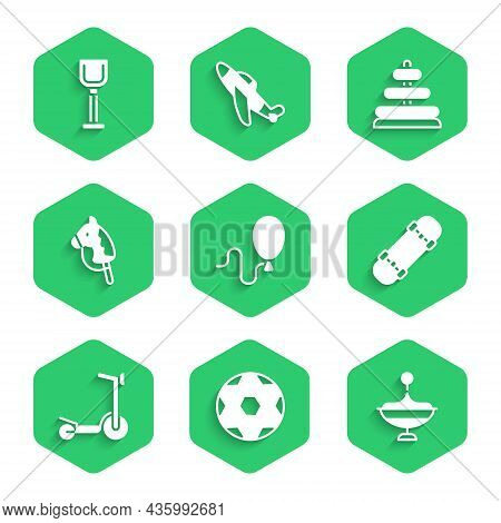 Set Balloons, Soccer Football Ball, Whirligig Toy, Skateboard, Roller Scooter, Toy Horse, Pyramid An