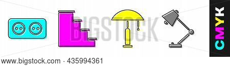Set Electrical Outlet, Staircase, Table Lamp And Table Lamp Icon. Vector