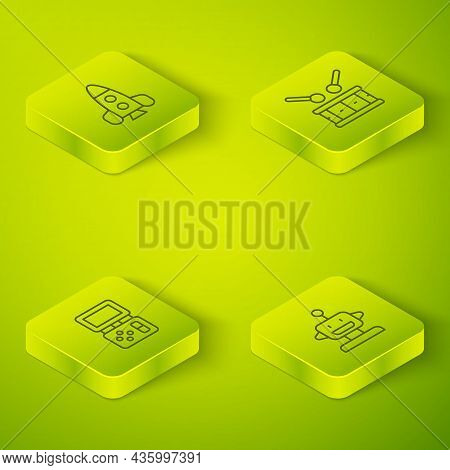 Set Isometric Line Drum With Drum Sticks, Tetris Electronic Game, Robot Toy And Rocket Ship Icon. Ve