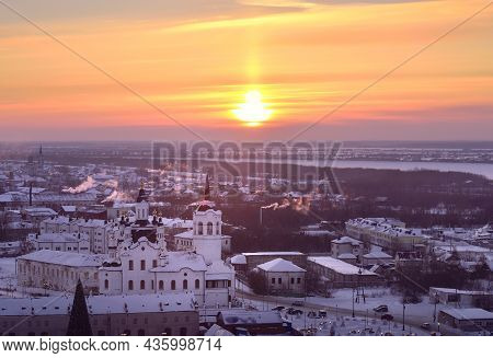 Winter Sunset Over Tobolsk. Lower Town On The Banks Of The Irtysh River, Church Of Zechariah And Eli