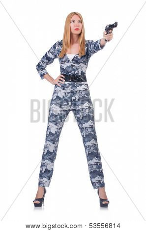 Woman soldier isolated on white