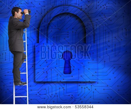 Composite image of businessman standing on ladder holding binoculars