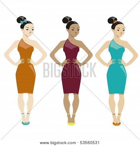 Three Women In Dresses On White Background
