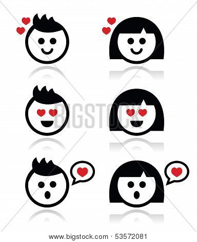Man and woman in love icons set