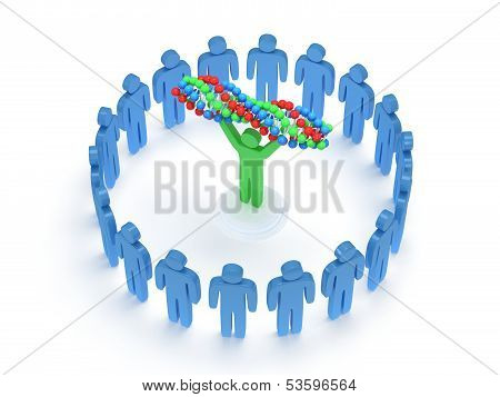 Blue people around green man with DNA chain. 3D.