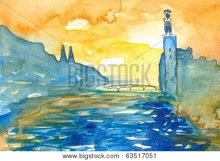 Stockholm City Hall watercolor painting