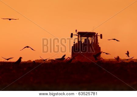 Tractor plowing in dust