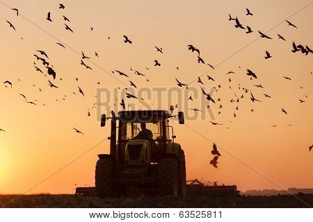 Tractor plowing in dust