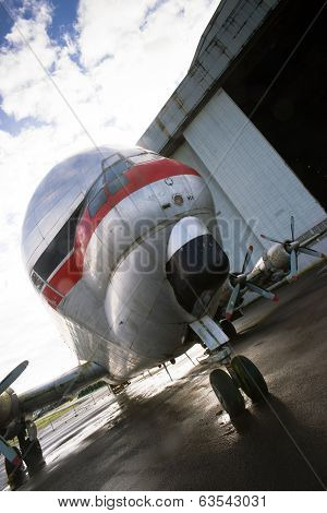 Vintage Prop Plane Stands Tarmac Airport Hangar Unusual Airplane