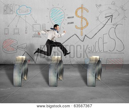 Jumping Over Euro Symbol With Business Concept Doodles On Wall