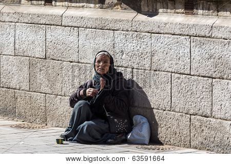 Belgium, city of Leuven, woman beggar, April 2014