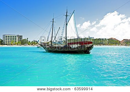 Sailingboat anchoring in the Caribbean