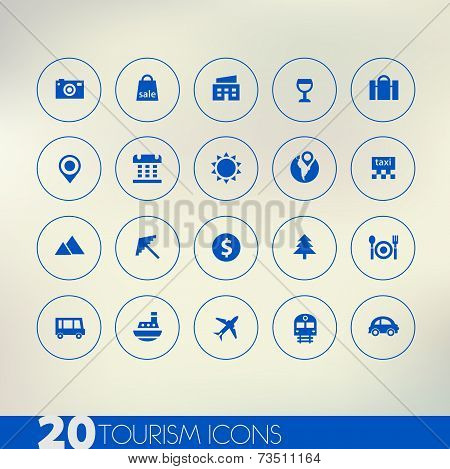 Thin simple tourism blue icons on light background