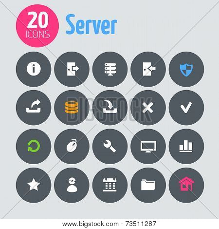Flat minimalistic server icons on dark gray circles