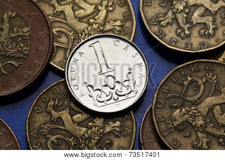 Coins of the Czech Republic. Saint Wenceslas crown depicted in Czech one koruna coin. 
