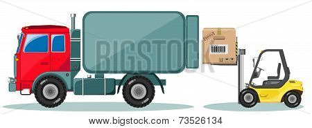 Truck and Loader with Box. Shipment Icons Set. Vector