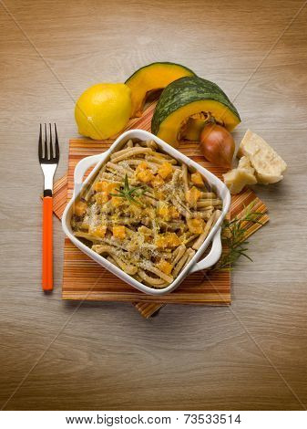 pasta casarecce with pumpkin, lemon peel and parmesan cheese