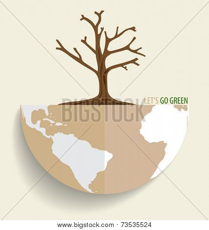 Save the world, Dry tree on a deforested globe. Vector illustration.