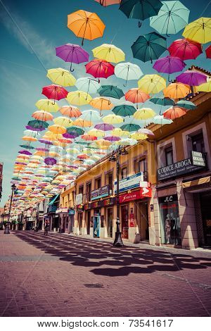 Madrid,Spain 25 July,2014, Street Decorated With Colored Umbrellas