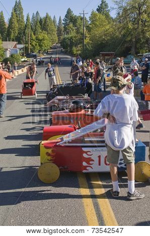 West Point, CA October 4, 2014: Lumberjack day, a typical slice of Americana, a children's soapbox race down Main St, starting the events for the day in this small American Sierra foothills community