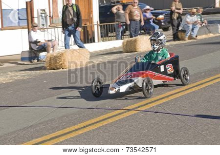 West Point, CA October 4, 2014: Lumberjack day, a typical slice of Americana, a children's soapbox race down Main St, starting the events for the day in this small American Sierra foothills community