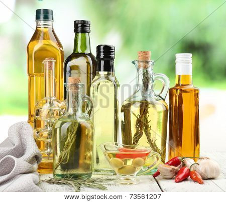 Different sorts of cooking oil, close-up