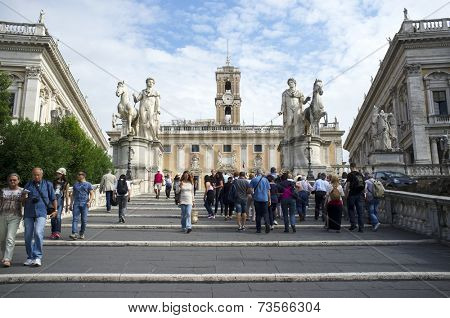 ROME, ITALY - SEPTEMBER 24, 2014: Ramped staircase leading to Capitoline Hill, Piazza del Campidoglio.