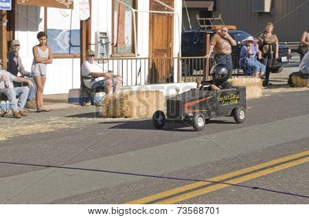 West Point, CA October 4, 2014: Lumberjack day, a typical slice of Americana, a children's soapbox race down Main St, starting the events for the day in this small American Sierra foothills community